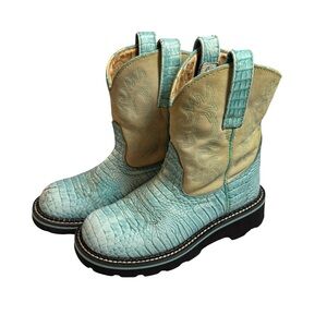 Ariat Women's Fat Baby Leather Cowboy Boots 5.5B Turquoise Tan Suede Thrashed